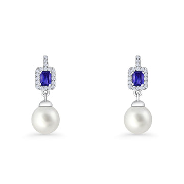 Emerald Cut Blue Cubic Zirconia & Pearl Charm Stud Earrings 925 Sterling Silver Wholesale